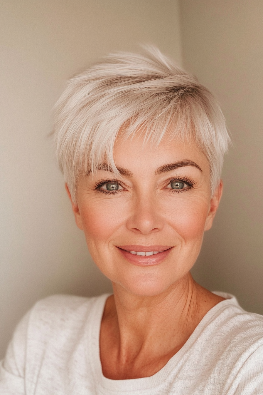 27. Refreshing Pixie in Cool Platinum Blonde (Short Pixie Hairstyles For Women Over 50) - Short Pixie Hairstyles For Women Over 50