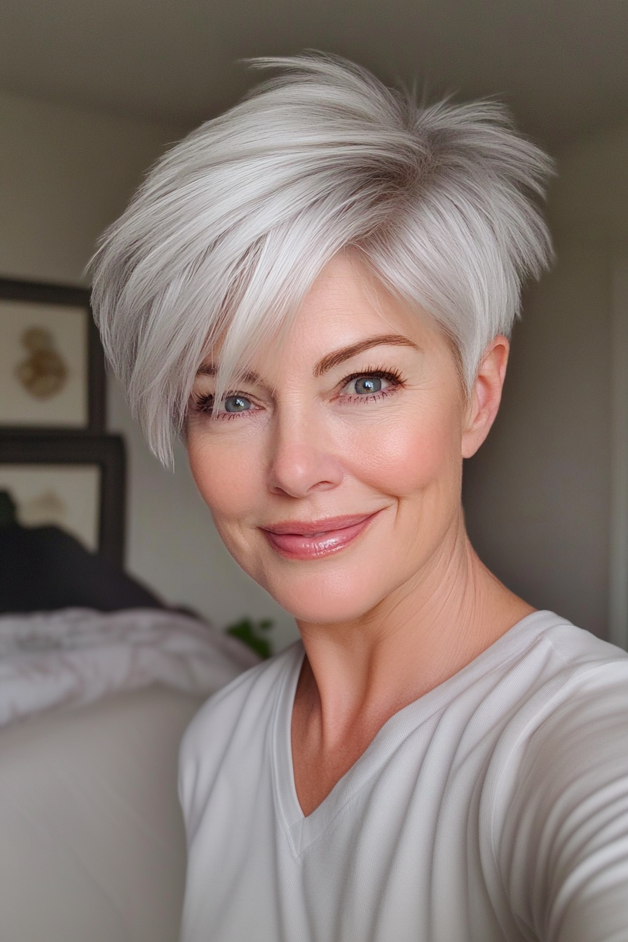 28. Ultra-Chic Pixie in Frosted Silver (Short Pixie Hairstyles For Women Over 50) - Short Pixie Hairstyles For Women Over 50