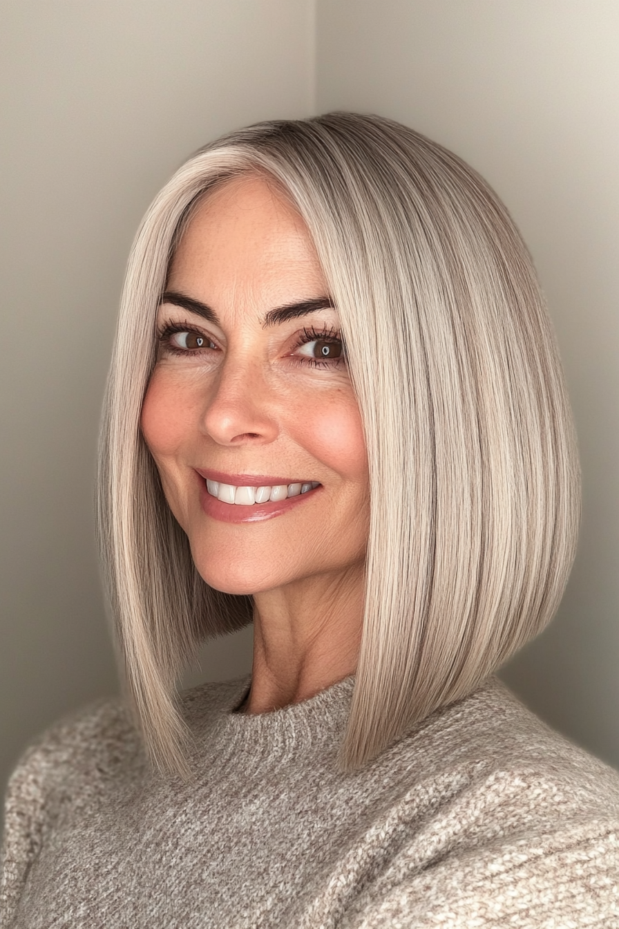 2. Long Bob with Straight Ends in Cool Ash Blonde (Hairstyles For Older Women With Fine Hair) - Hairstyles For Older Women With Fine Hair