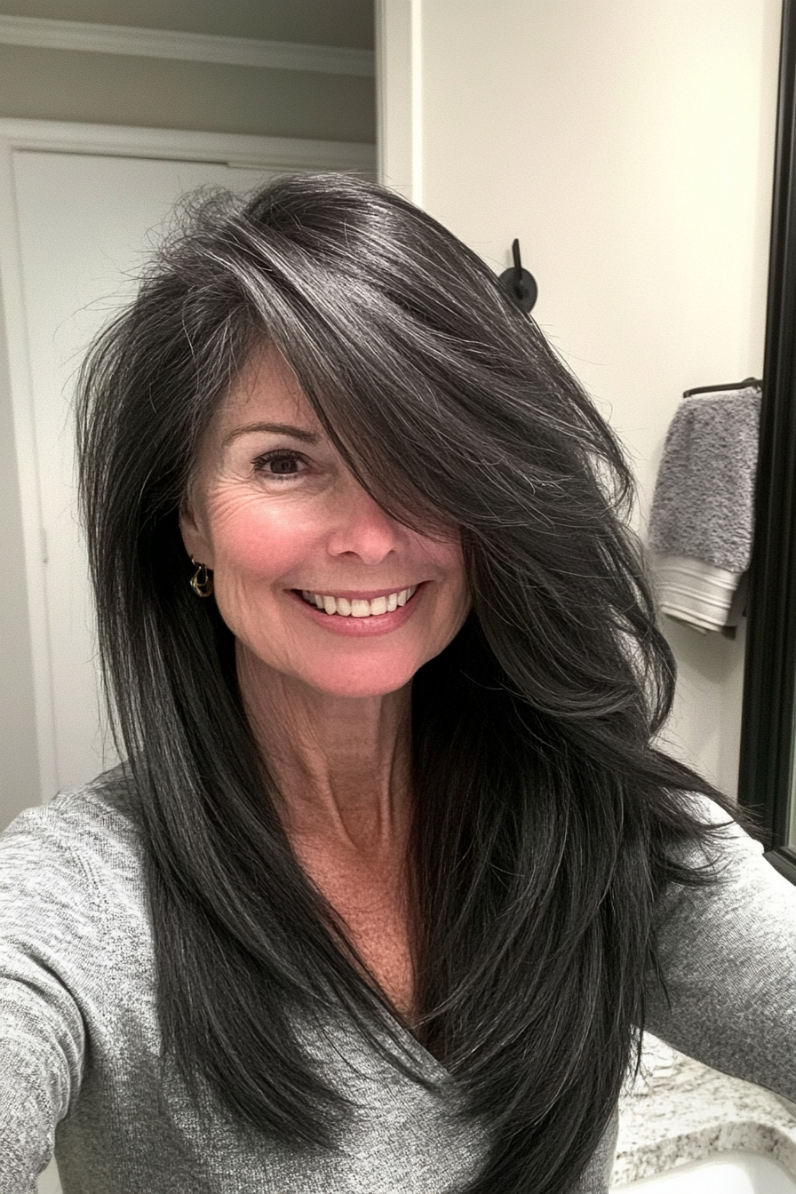 3. Side-Swept Long Layers in Natural Black (Hairstyles For Older Women With Fine Hair) - Hairstyles For Older Women With Fine Hair