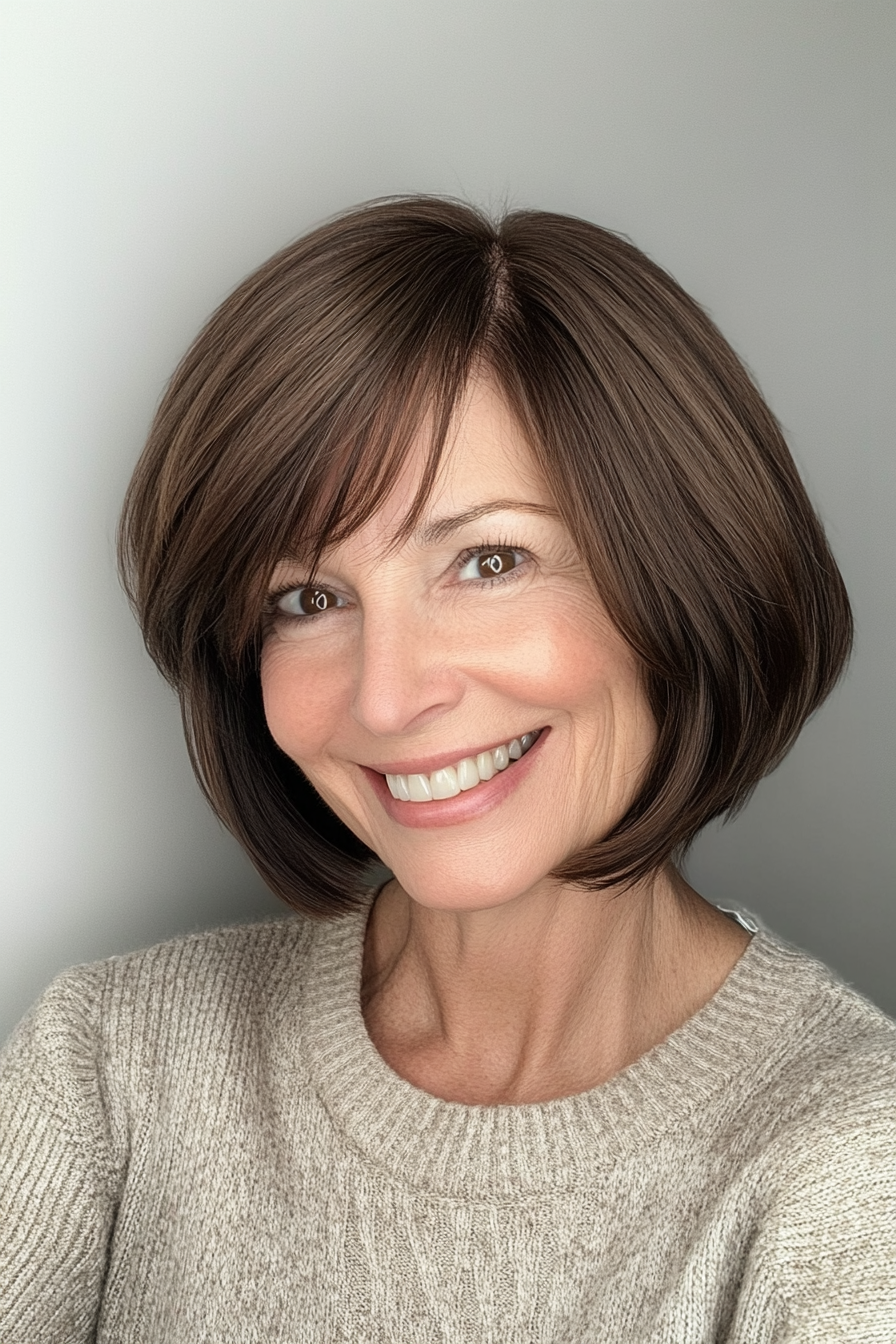 8. Classic French Bob in Deep Mahogany Brown (Hairstyles For Older Women With Fine Hair) - Hairstyles For Older Women With Fine Hair