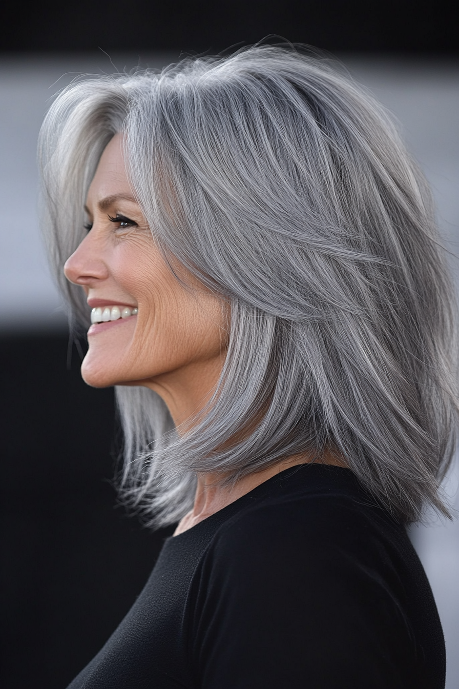 9. Layered Mid-Length Cut in Charcoal Grey (Hairstyles For Older Women With Fine Hair) - Hairstyles For Older Women With Fine Hair
