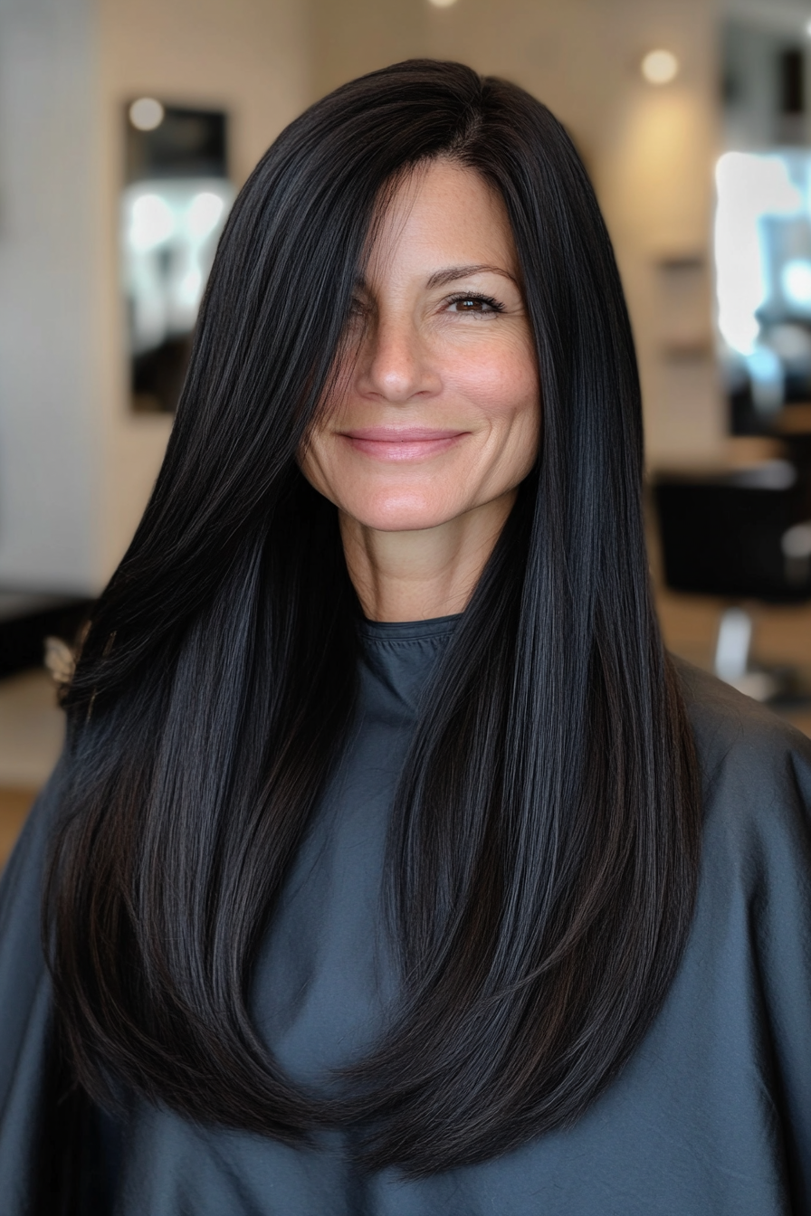 12. Classic Long Hair with a Side Part in Raven Black (Hairstyles For Older Women With Fine Hair) - Hairstyles For Older Women With Fine Hair