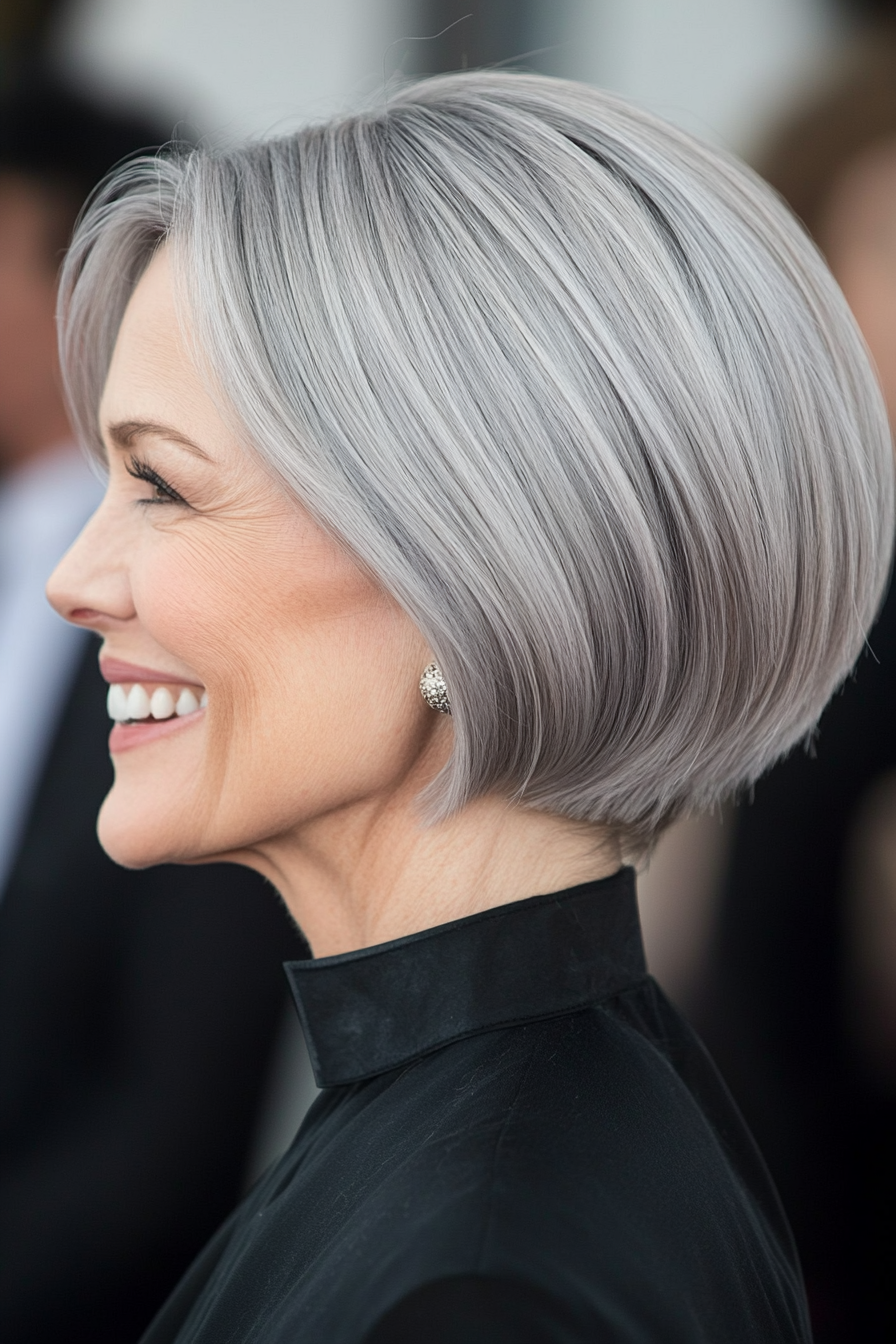 16. Modern Bowl Cut in Cool Platinum Grey (Hairstyles For Older Women With Fine Hair) - Hairstyles For Older Women With Fine Hair