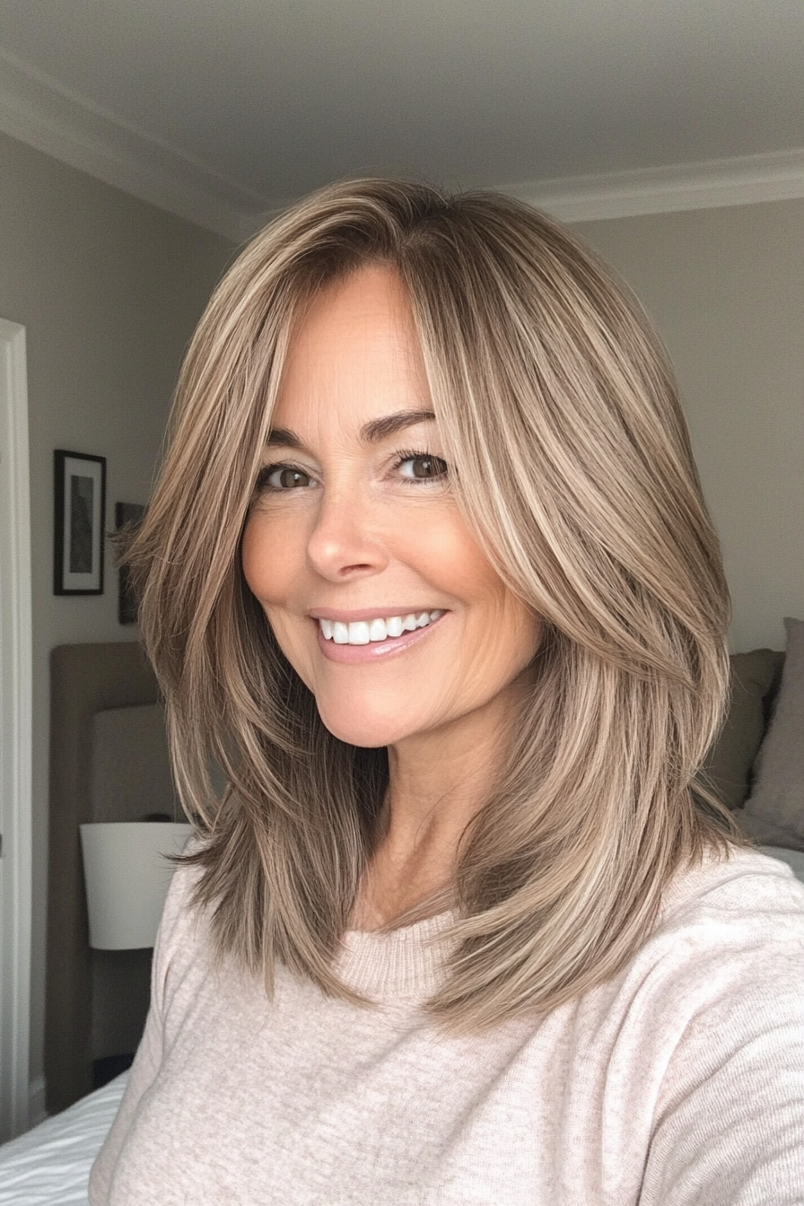 20. Layered Collarbone Cut in Cool Beige Brown (Hairstyles For Older Women With Fine Hair) - Hairstyles For Older Women With Fine Hair