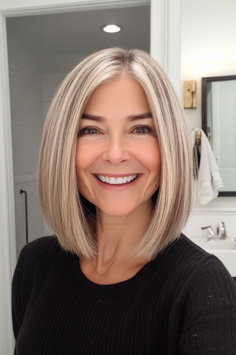 22. Center-Parted Medium Cut in Ashy Golden Blonde (Hairstyles For Older Women With Fine Hair) - Hairstyles For Older Women With Fine Hair