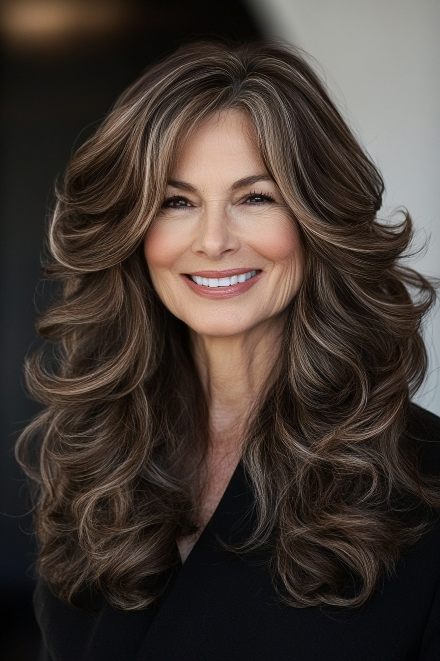 24. Long Layers with Curls in Cool Mocha Brown (Hairstyles For Older Women With Fine Hair) - Hairstyles For Older Women With Fine Hair