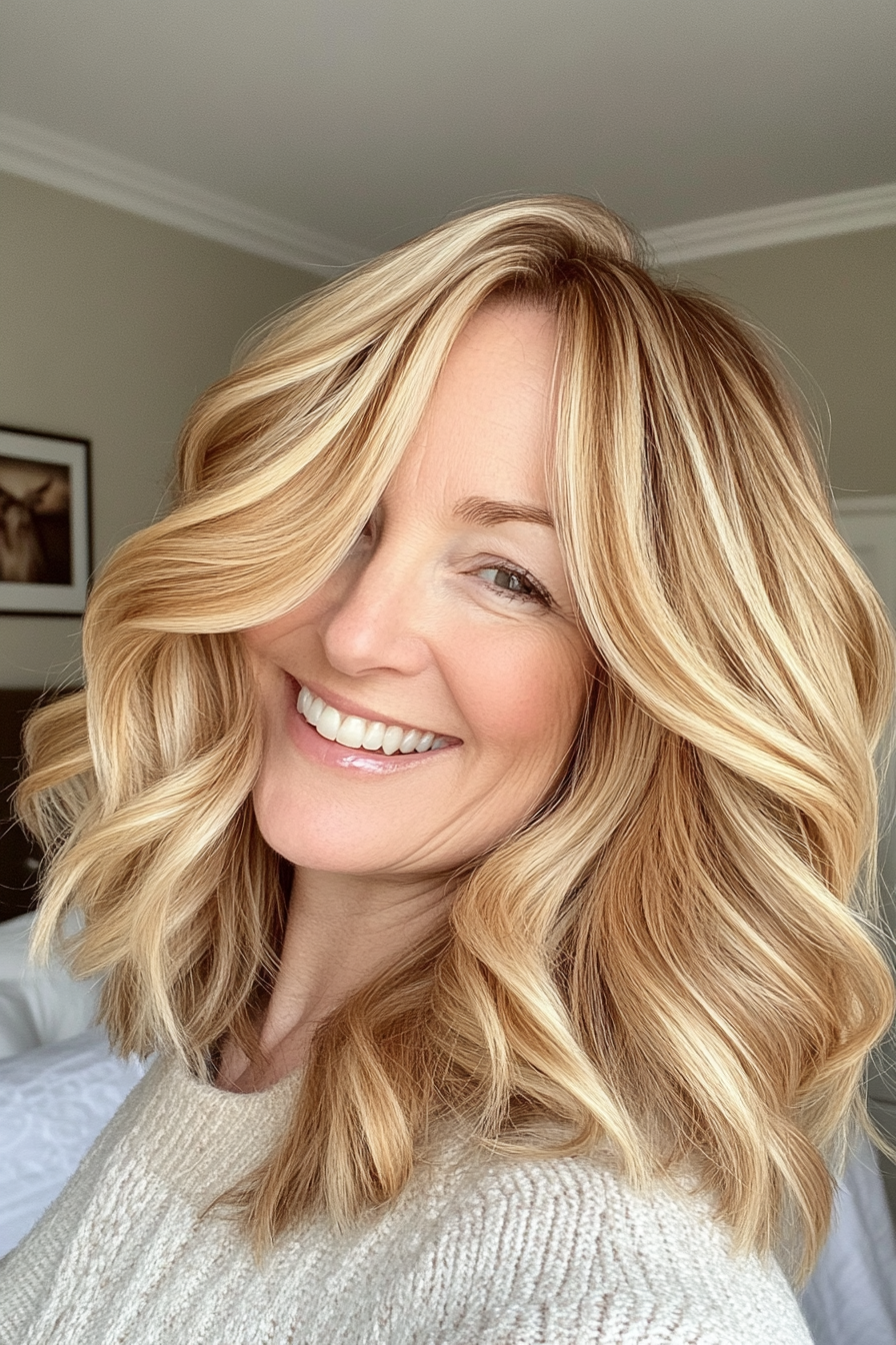 25. Soft Waves with a Side Part in Golden Honey Blonde (Hairstyles For Older Women With Fine Hair) - Hairstyles For Older Women With Fine Hair