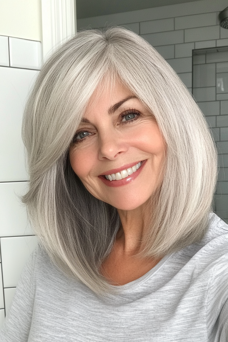 19. Rounded Long Bob with Side Bangs in Natural Silver (Hairstyles For Older Women With Fine Hair) - Hairstyles For Older Women With Fine Hair