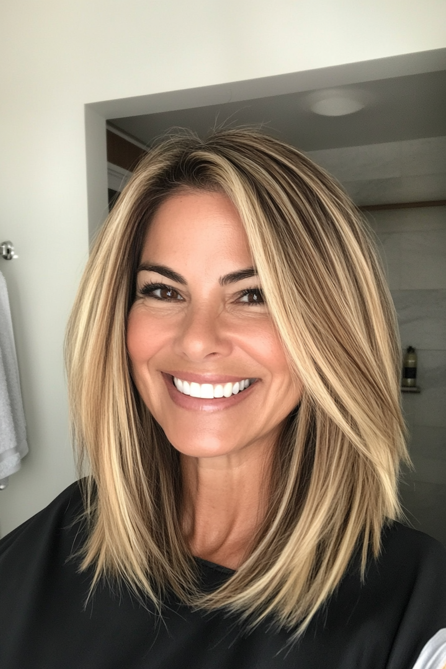 2. Classic Lob with Honey Blonde Highlights (Medium Length Hairstyles For Women Over 40) - Medium Length Hairstyles For Women Over 40