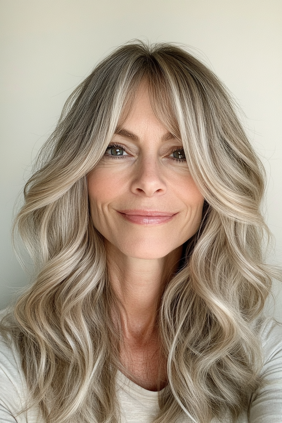 4. Curtain Bangs with Sandy Blonde Waves (Medium Length Hairstyles For Women Over 40) - Medium Length Hairstyles For Women Over 40