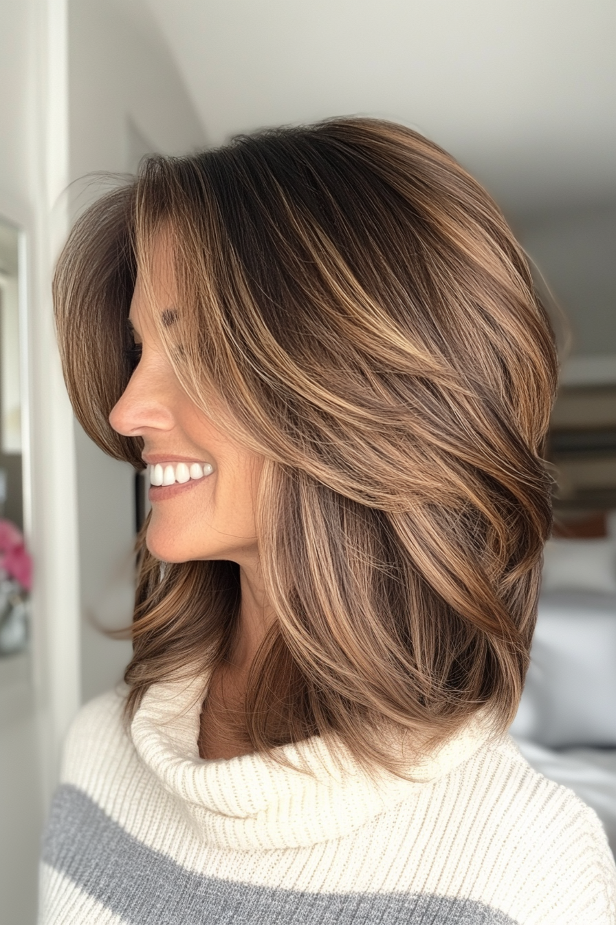 6. Layered Lob with Caramel Balayage (Medium Length Hairstyles For Women Over 40) - Medium Length Hairstyles For Women Over 40