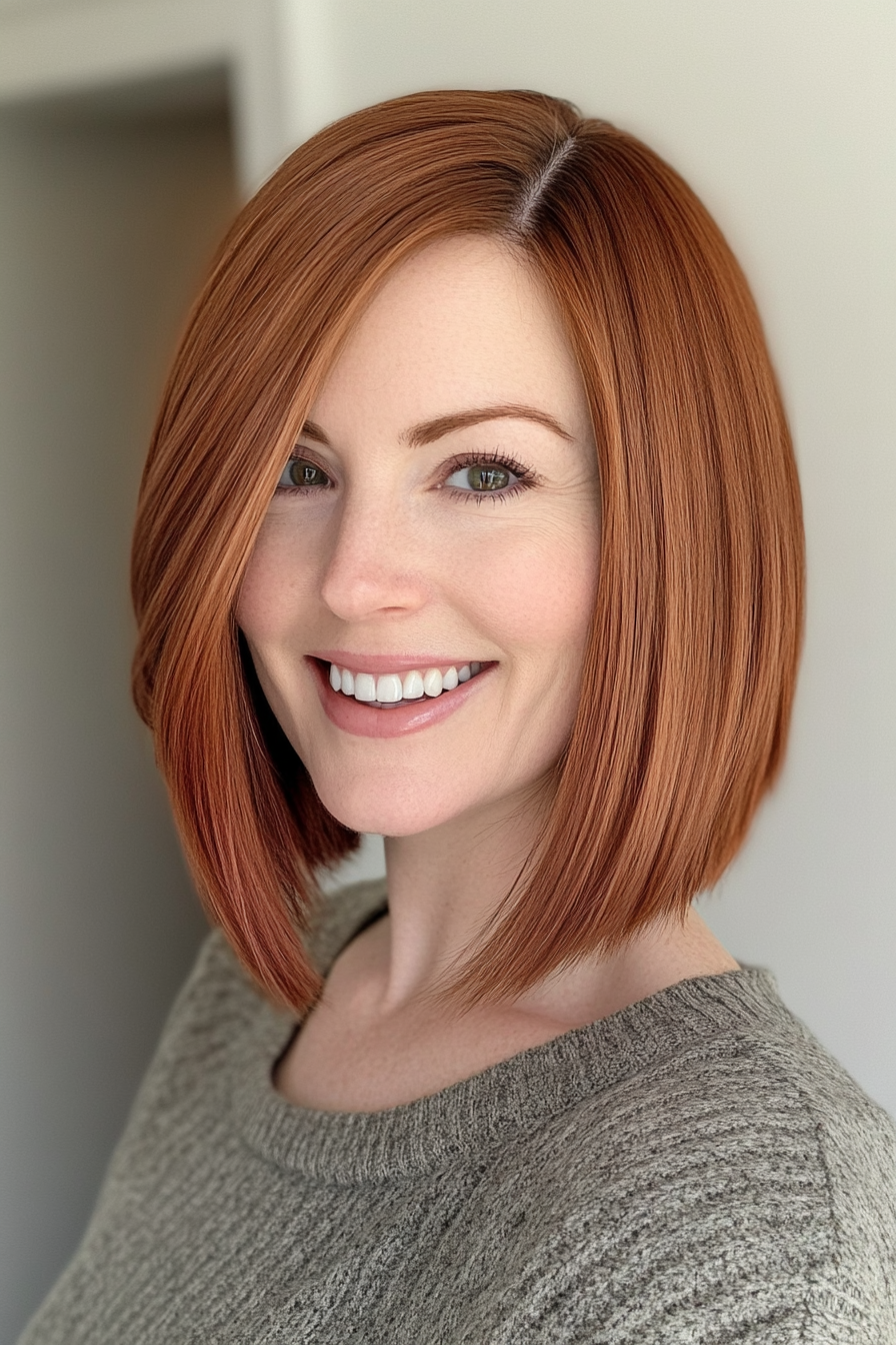7. Angled Bob with Rich Auburn Tint (Medium Length Hairstyles For Women Over 40) - Medium Length Hairstyles For Women Over 40