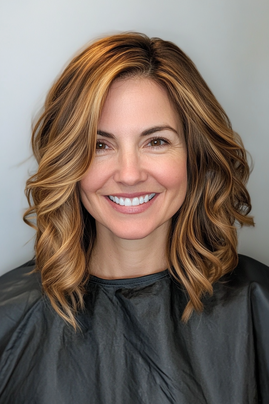 8. Soft Curls with Golden Brown Dimensions (Medium Length Hairstyles For Women Over 40) - Medium Length Hairstyles For Women Over 40