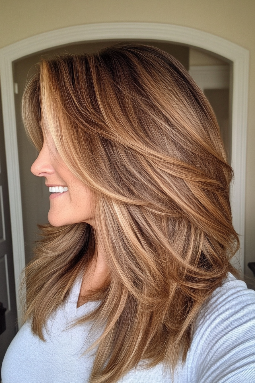 11. Tousled Layers with Medium Golden Brown (Medium Length Hairstyles For Women Over 40) - Medium Length Hairstyles For Women Over 40