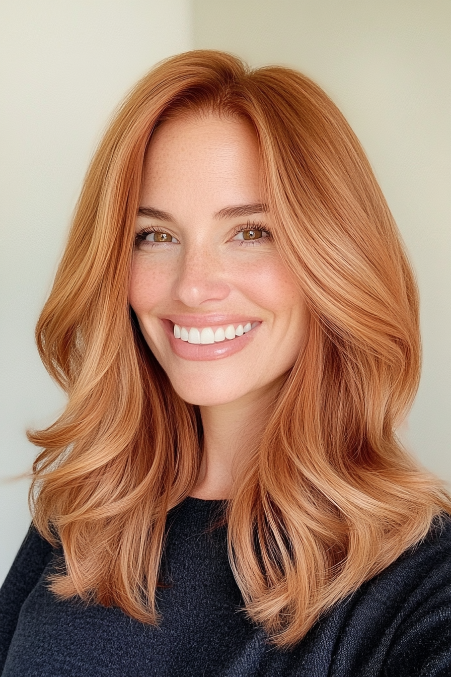 13. Modern Rachel Cut with Light Copper Hues (Medium Length Hairstyles For Women Over 40) - Medium Length Hairstyles For Women Over 40