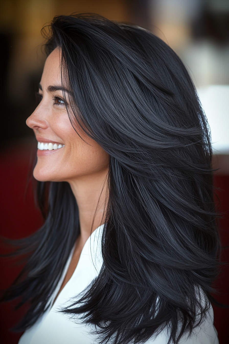 14. Long Layers with Natural Black Shine (Medium Length Hairstyles For Women Over 40) - Medium Length Hairstyles For Women Over 40