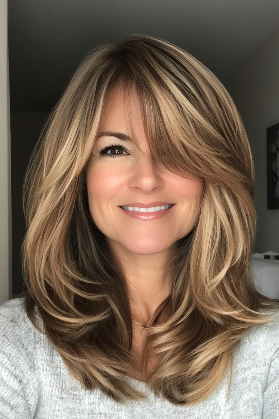 17. Wispy Bangs with Light Caramel Highlights (Medium Length Hairstyles For Women Over 40) - Medium Length Hairstyles For Women Over 40