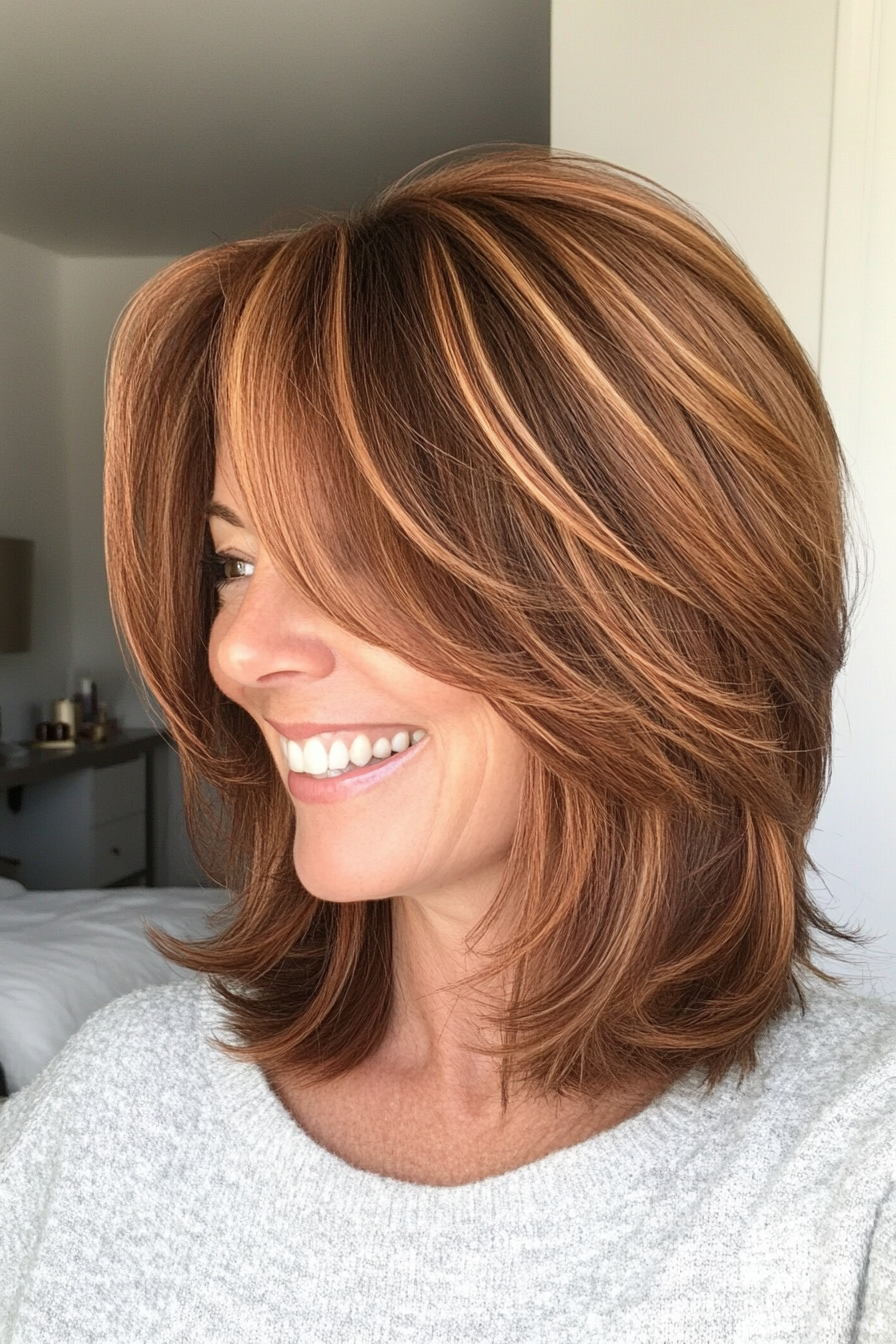 19. Layered Bob with Cinnamon Streaks (Medium Length Hairstyles For Women Over 40) - Medium Length Hairstyles For Women Over 40