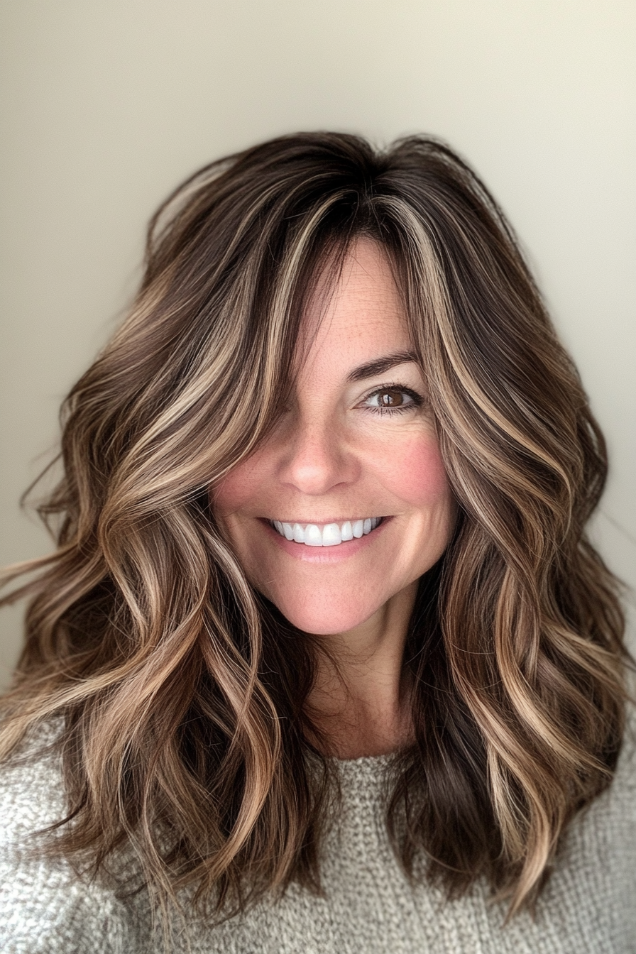 21. Wavy Layers with Mocha Brown Shades (Medium Length Hairstyles For Women Over 40) - Medium Length Hairstyles For Women Over 40