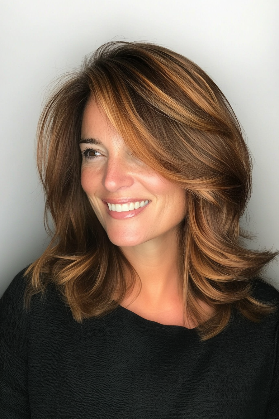 22. Side-Swept Bangs with Chestnut Highlights (Medium Length Hairstyles For Women Over 40) - Medium Length Hairstyles For Women Over 40