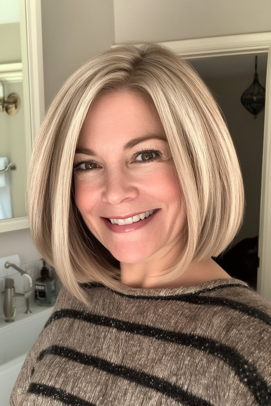 23. Medium Blunt Cut with Warm Beige Blonde (Medium Length Hairstyles For Women Over 40) - Medium Length Hairstyles For Women Over 40