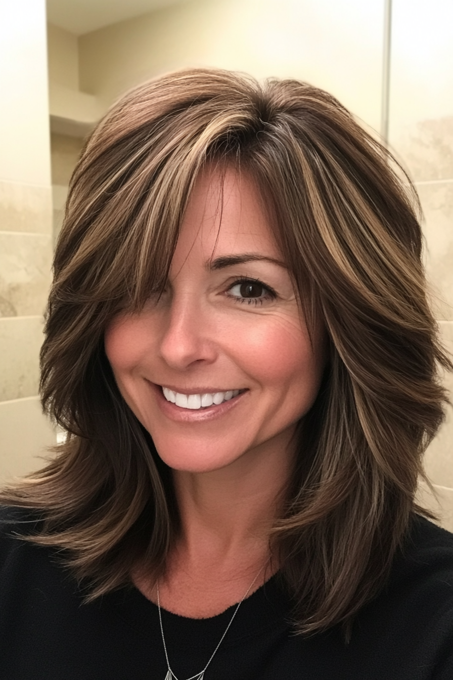 24. Layered Cut with Dark Caramel Lowlights (Medium Length Hairstyles For Women Over 40) - Medium Length Hairstyles For Women Over 40
