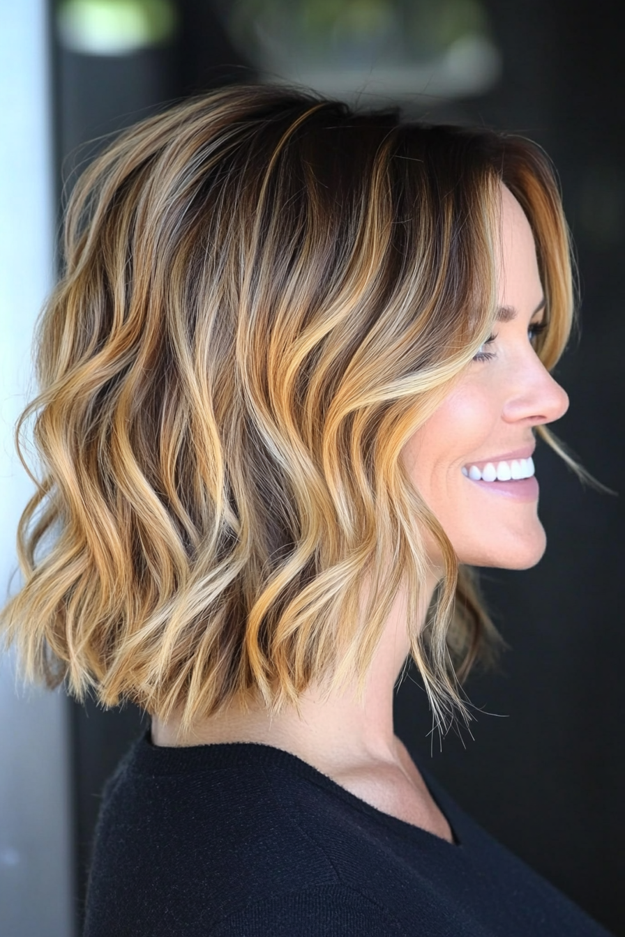 26. Textured Lob with Golden Honey Balayage (Medium Length Hairstyles For Women Over 40) - Medium Length Hairstyles For Women Over 40