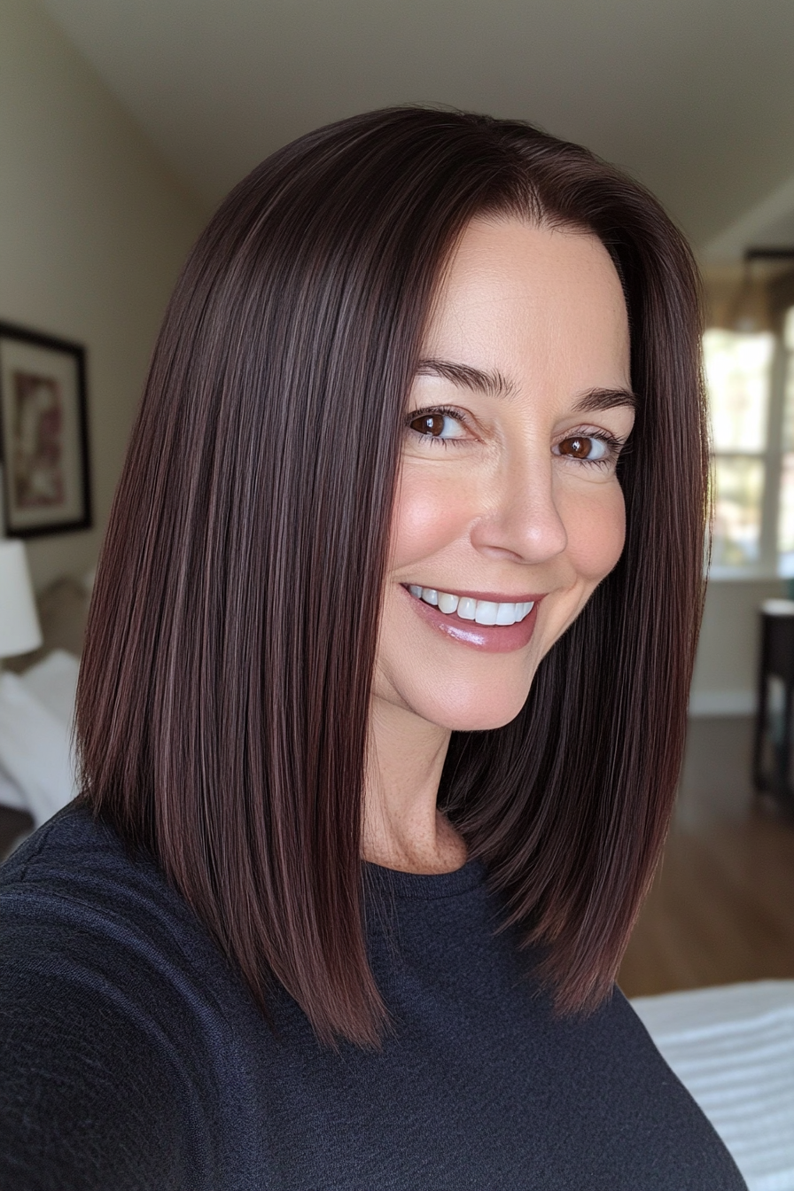 15. Sleek Mid-Length Cut with Dark Chocolate Brown (Medium Length Hairstyles For Women Over 40) - Medium Length Hairstyles For Women Over 40