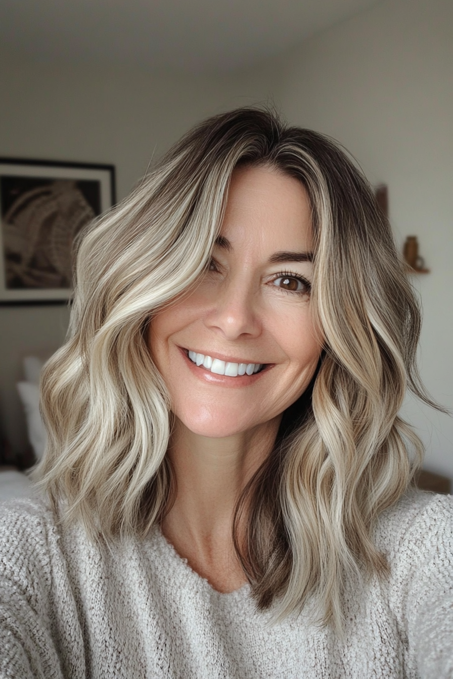 10. Wavy Lob with Subtle Ash Blonde Ombre (Medium Length Hairstyles For Women Over 40) - Medium Length Hairstyles For Women Over 40