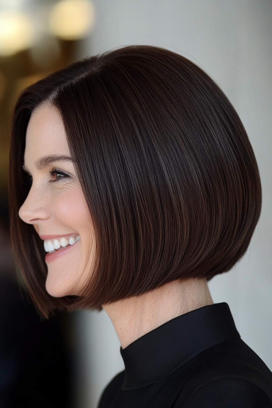 1. Classic Chin-Length Bob with Deep Brown (Bob Hairstyles For Women Over 40) - Bob Hairstyles For Women Over 40