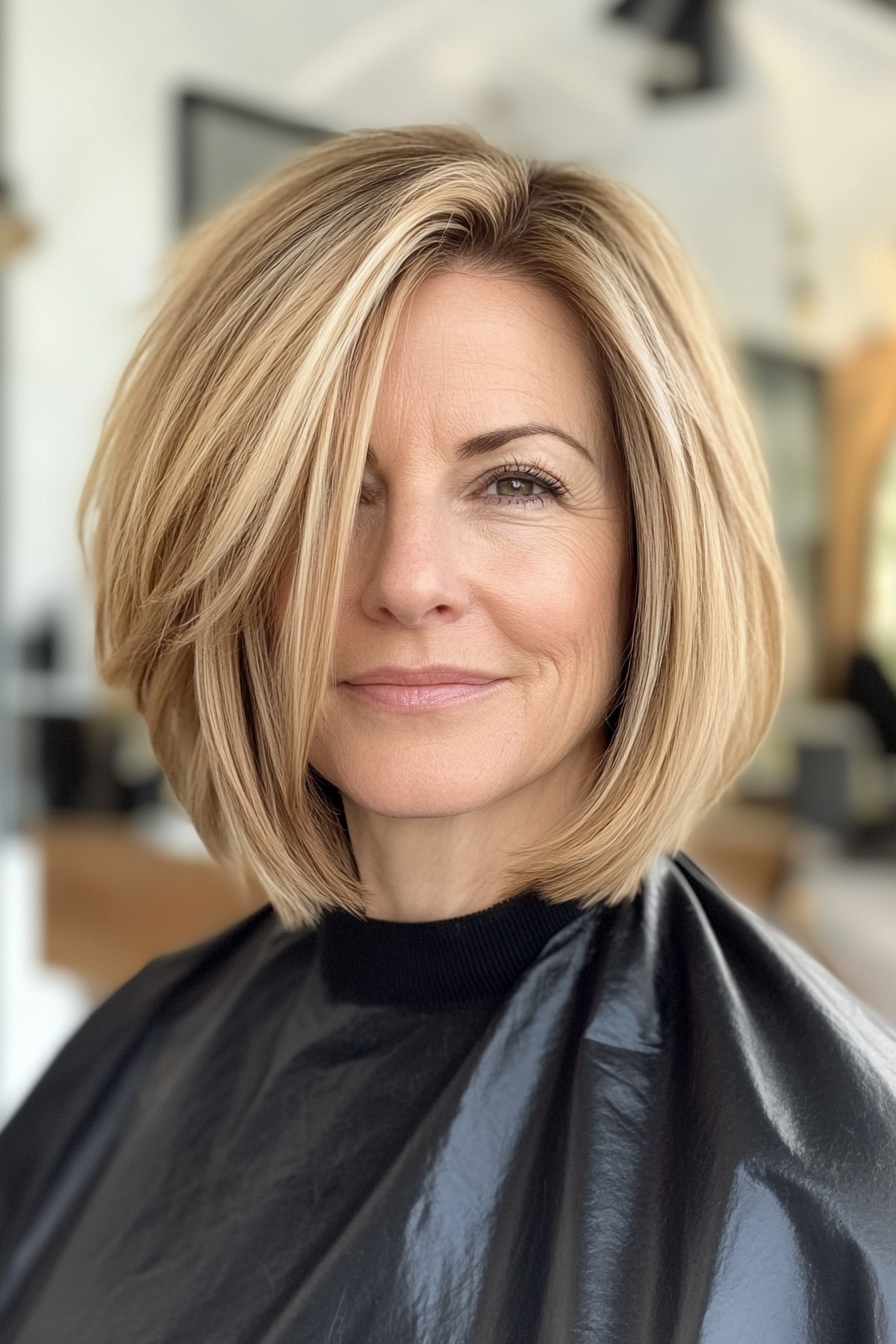 2. Layered Bob with Sandy Blonde Highlights (Bob Hairstyles For Women Over 40) - Bob Hairstyles For Women Over 40