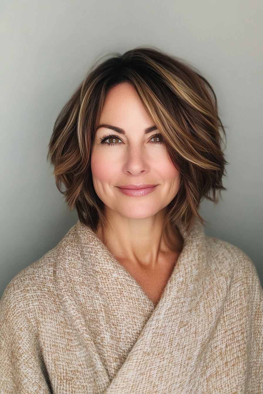 7. Textured Bob with Caramel Streaks (Bob Hairstyles For Women Over 40) - Bob Hairstyles For Women Over 40