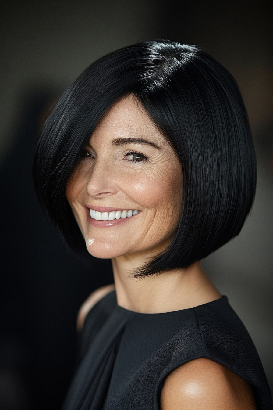 10. Side-Parted Bob with Natural Black (Bob Hairstyles For Women Over 40) - Bob Hairstyles For Women Over 40