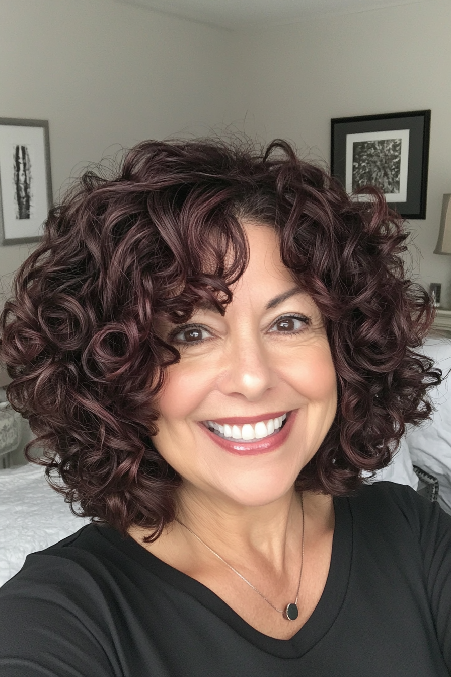11. Curly Bob with Deep Mahogany Hues (Bob Hairstyles For Women Over 40) - Bob Hairstyles For Women Over 40