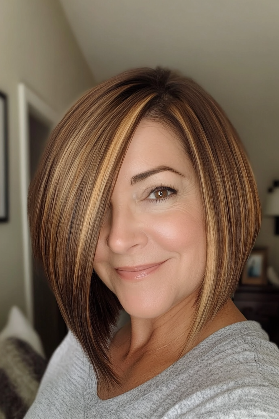 13. Asymmetrical Bob with Golden Brown Tones (Bob Hairstyles For Women Over 40) - Bob Hairstyles For Women Over 40