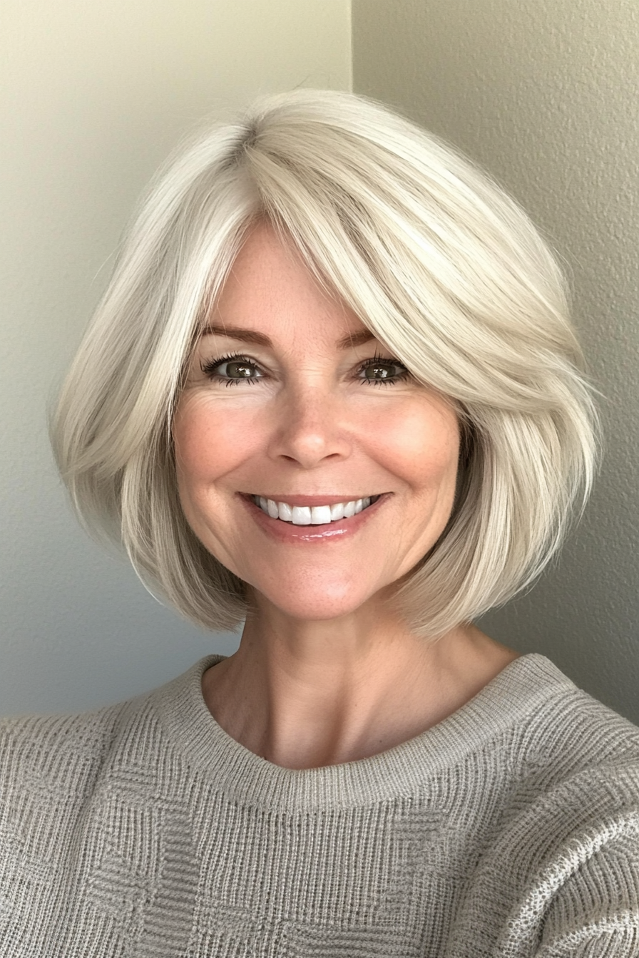 14. Feathered Bob with Light Ash Blonde (Bob Hairstyles For Women Over 40) - Bob Hairstyles For Women Over 40