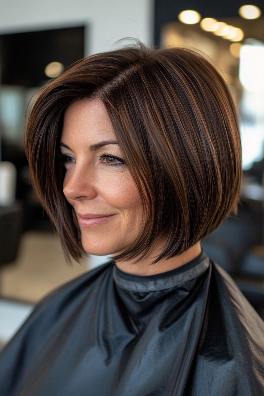 15. Inverted Bob with Mocha Highlights (Bob Hairstyles For Women Over 40) - Bob Hairstyles For Women Over 40