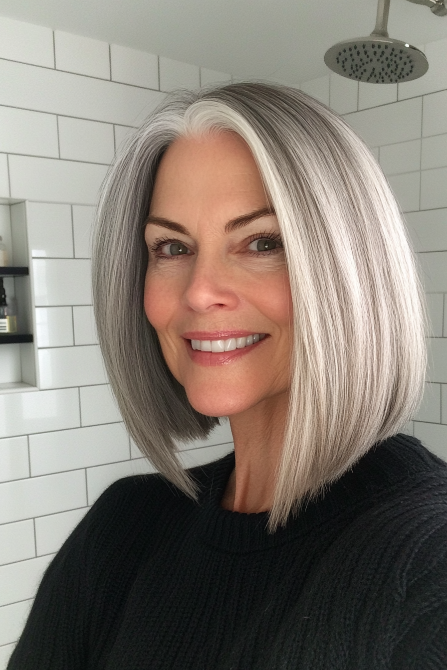 17. Long Bob with Natural Grey Blend (Bob Hairstyles For Women Over 40) - Bob Hairstyles For Women Over 40