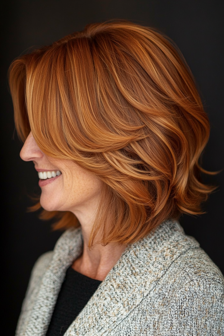 19. Curved Layered Bob with Soft Cinnamon (Bob Hairstyles For Women Over 40) - Bob Hairstyles For Women Over 40