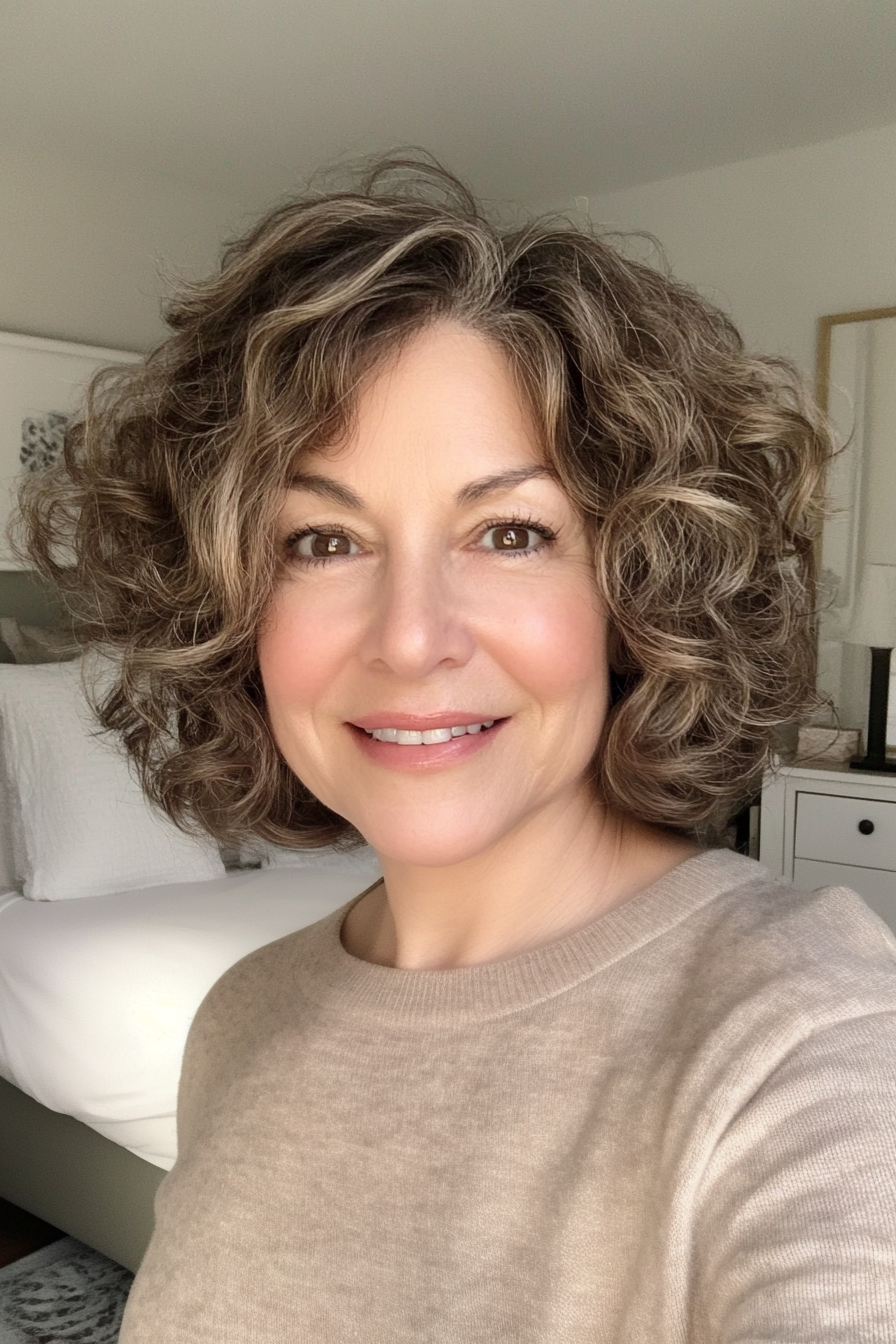 24. Curly Lob with Sandy Brown (Bob Hairstyles For Women Over 40) - Bob Hairstyles For Women Over 40