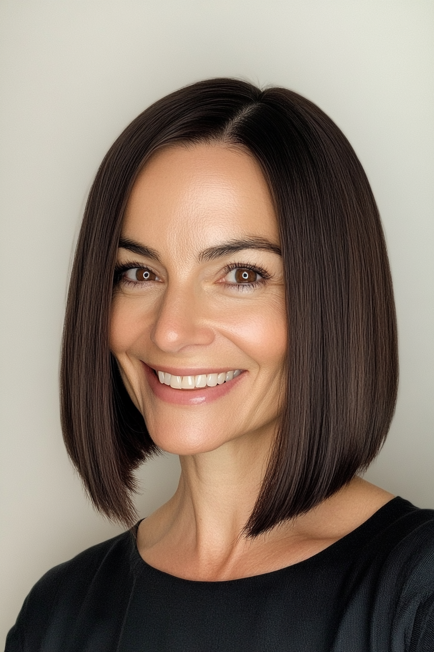 26. Sleek Long Bob with Dark Honey Brown (Bob Hairstyles For Women Over 40) - Bob Hairstyles For Women Over 40