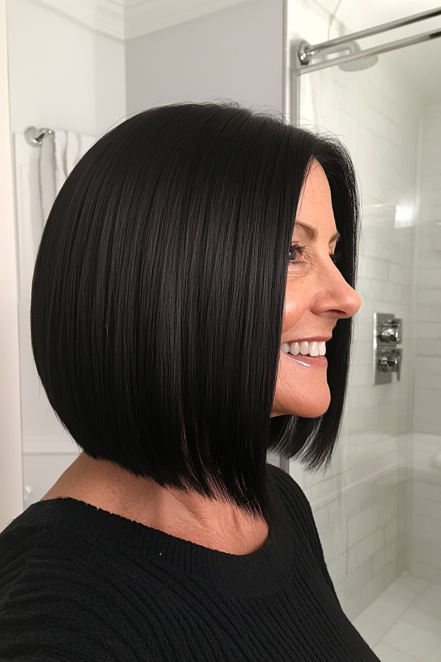 6. Straight Jet Black Lob (Short Haircuts For Women Over 60) - Short Haircuts For Women Over 60