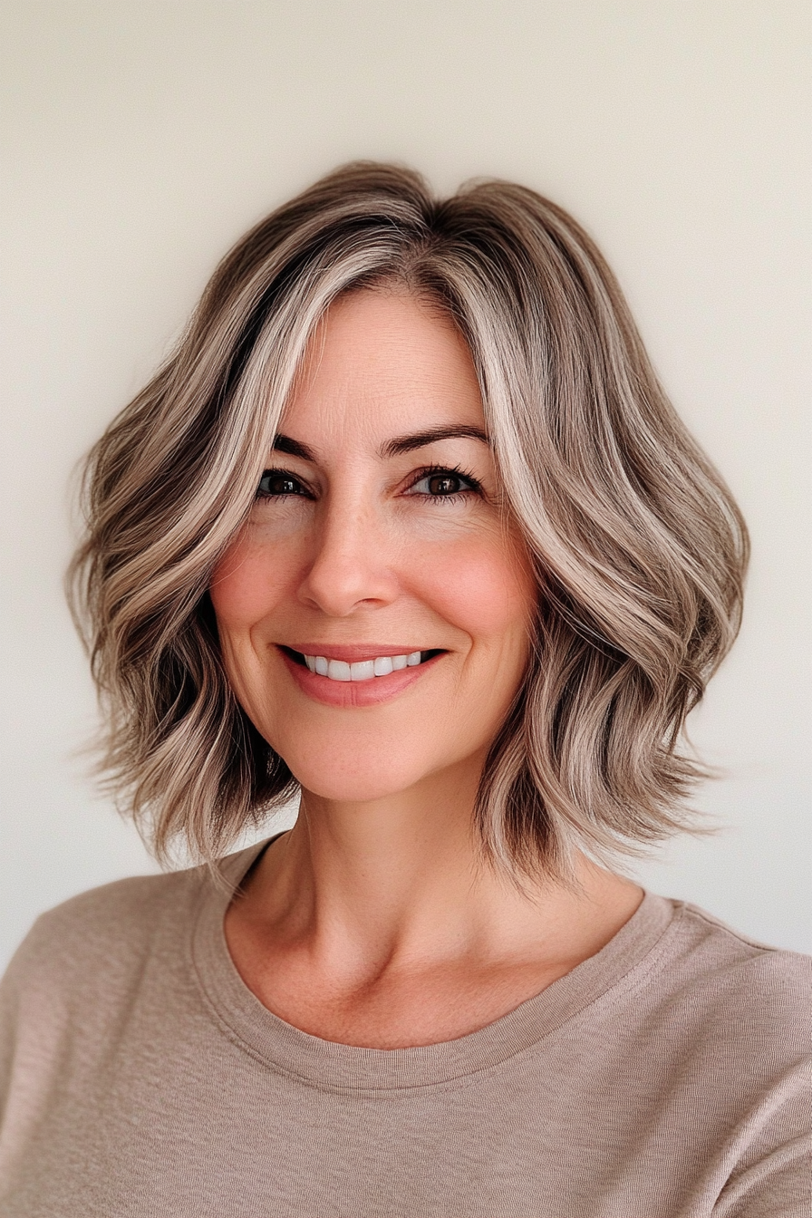 11. Ash Brown Layered Lob (Short Haircuts For Women Over 60) - Short Haircuts For Women Over 60