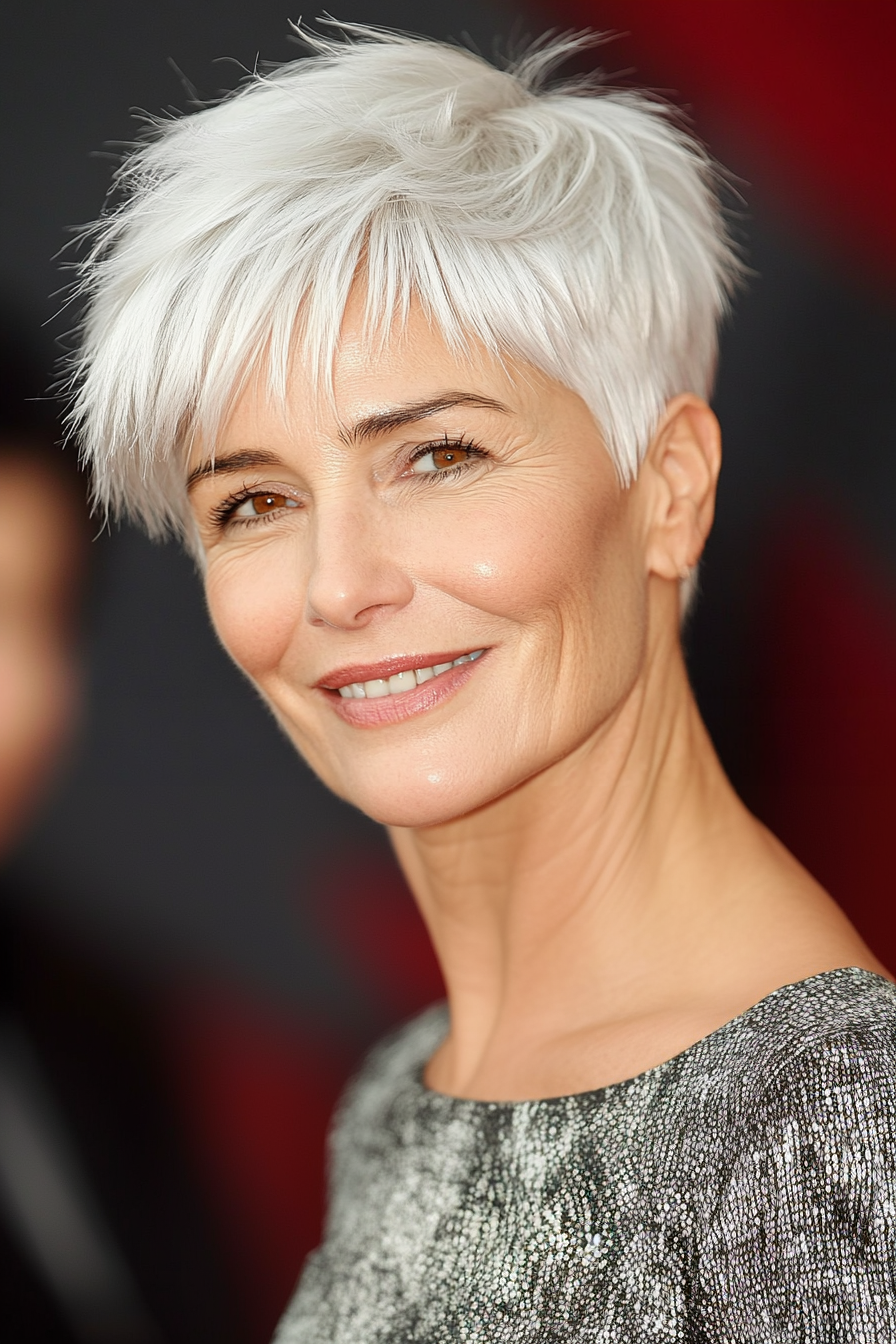 12. Platinum White Pixie with Bangs (Short Haircuts For Women Over 60) - Short Haircuts For Women Over 60