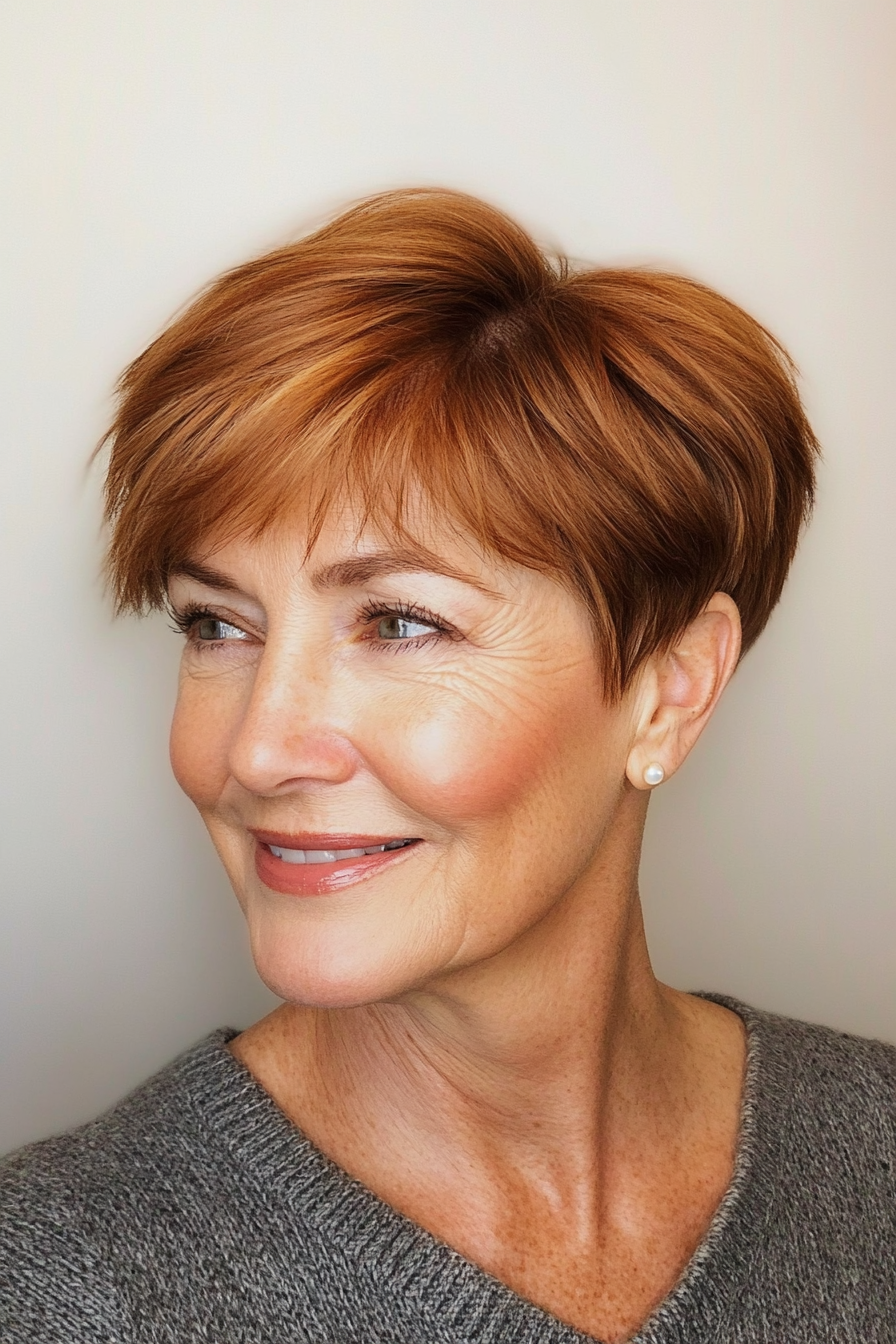 14. Rich Caramel Crop with Side Bangs (Short Haircuts For Women Over 60) - Short Haircuts For Women Over 60