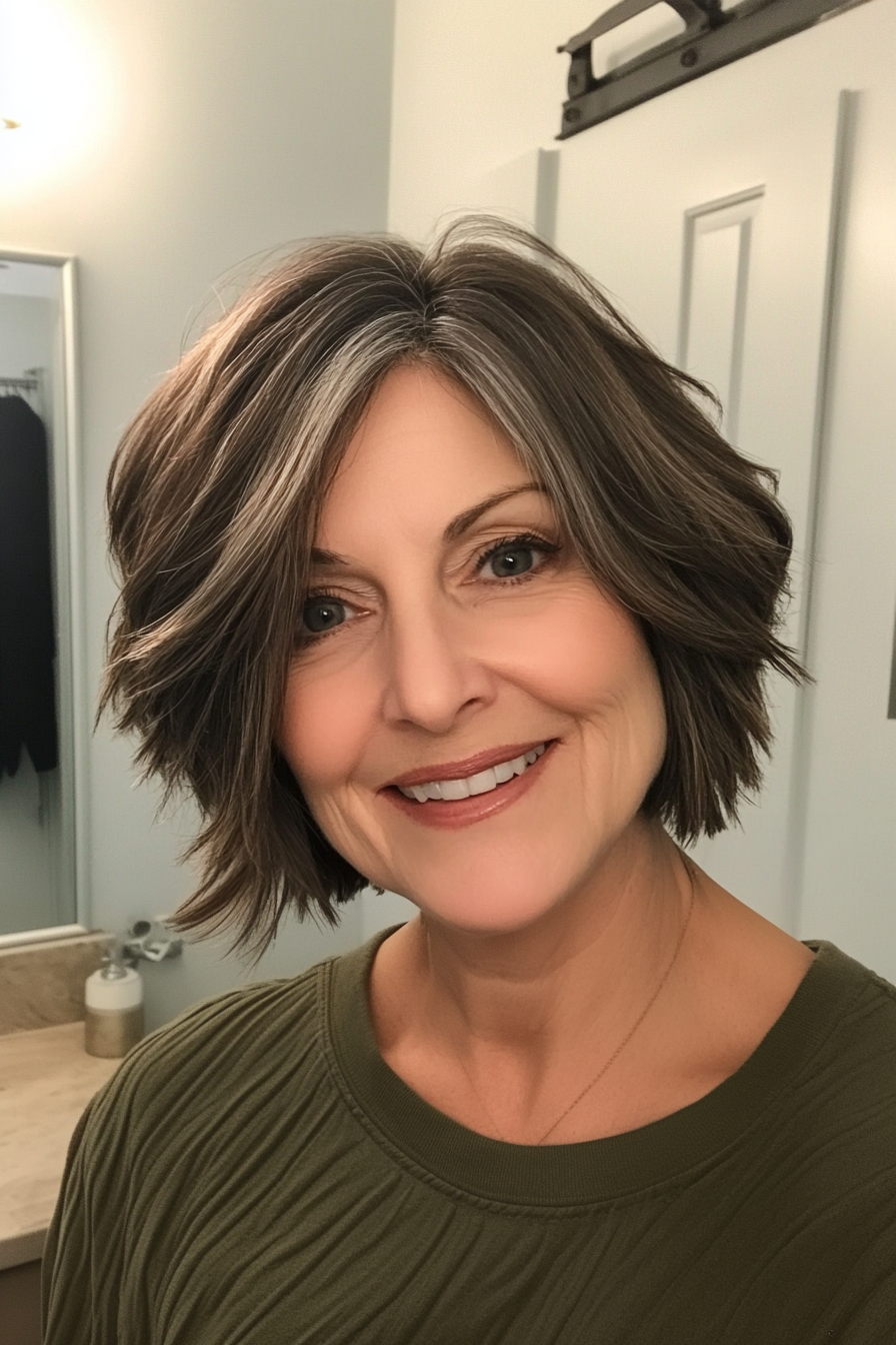 20. Natural Brunette Choppy Lob (Short Haircuts For Women Over 60) - Short Haircuts For Women Over 60
