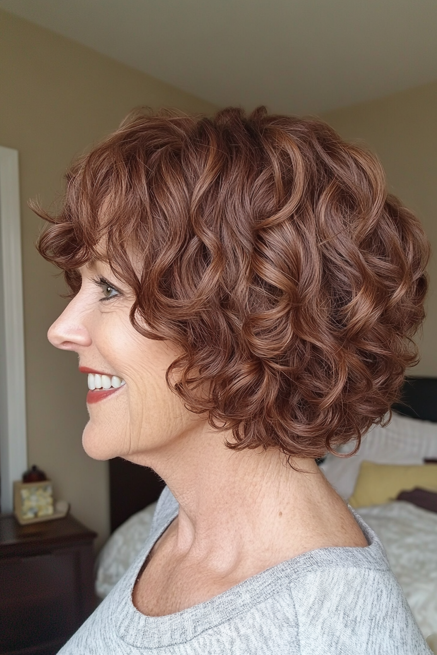 22. Chestnut Brown Curly Bob (Short Haircuts For Women Over 60) - Short Haircuts For Women Over 60