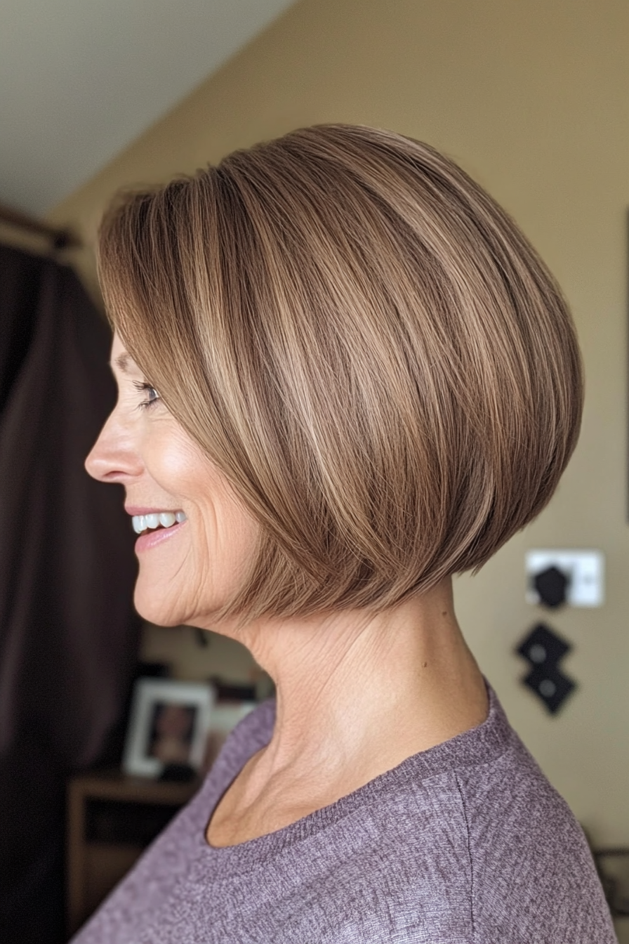 24. Sandy Brown Asymmetrical Bob (Short Haircuts For Women Over 60) - Short Haircuts For Women Over 60