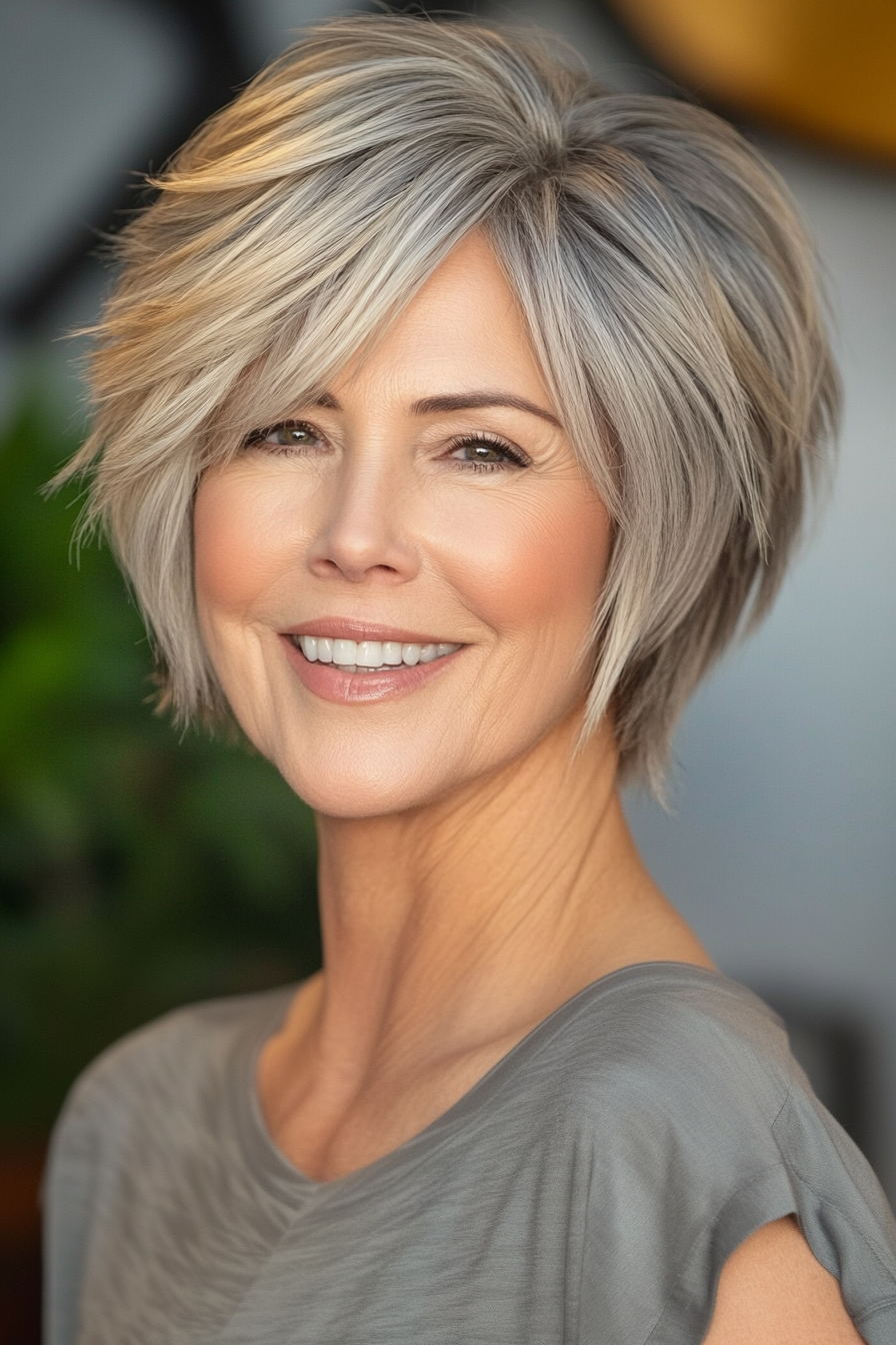 25. Golden Gray Feathered Crop (Short Haircuts For Women Over 60) - Short Haircuts For Women Over 60